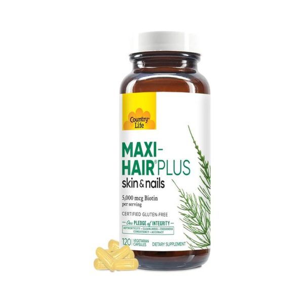 Country Life Maxi-Hair Plus Biotin 5000mcg Dietary Supplement - gluten free, vegetarian 120 capsules